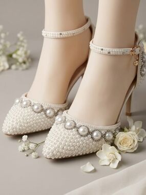 Pearl-Embellished Ivory Ankle-Strap Heels